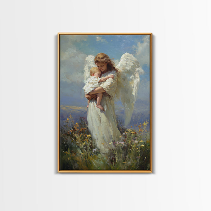 Angel Holding Sleeping Baby In Meadow Canvas Print, Serene Christian Wall Art, Nursery Decor, Guardian Angel Gift For Mom