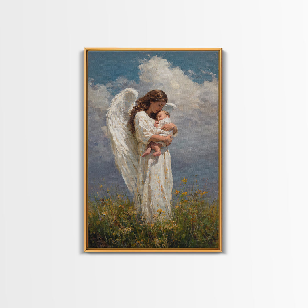 Guardian Angel Holding Newborn Under Clouds Wall Art, Christian Nursery Decor, Baptism Gift, Spiritual Framed Canvas Print