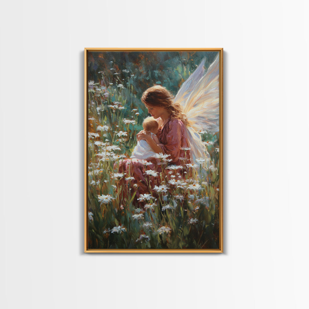 Fairy Mother And Baby In Daisy Garden Framed Canvas Print, Fantasy Wall Art, Nursery Decor, Whimsical Art Print, Gift For Her