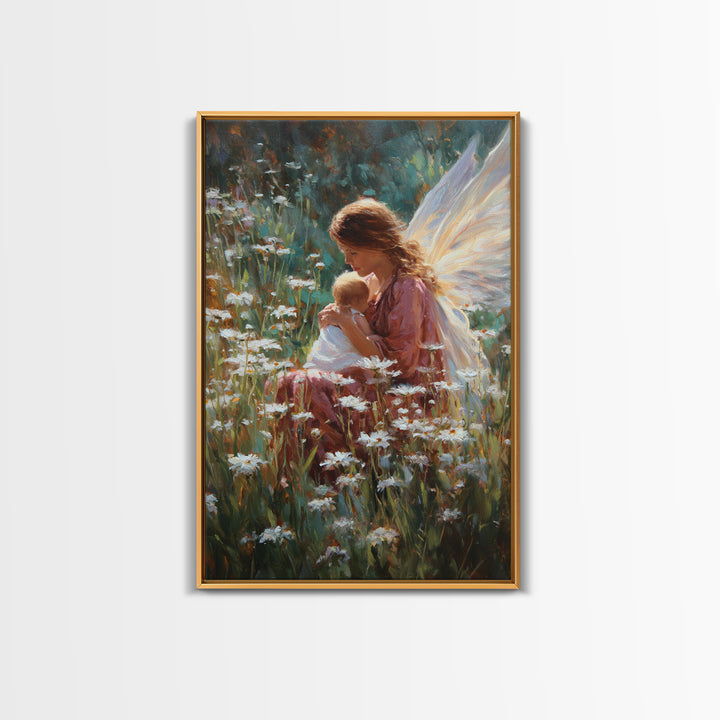 Fairy Mother And Baby In Daisy Garden Framed Canvas Print, Fantasy Wall Art, Nursery Decor, Whimsical Art Print, Gift For Her