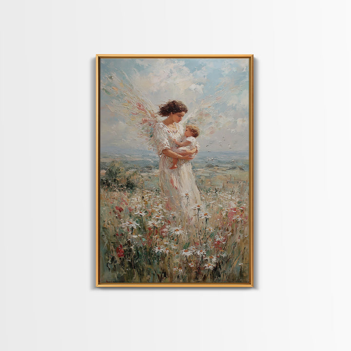 Angel Mother With Infant In Wildflower Meadow Canvas Print, Christian Wall Art, Nursery Decor, Spiritual Gift, Feminine Art