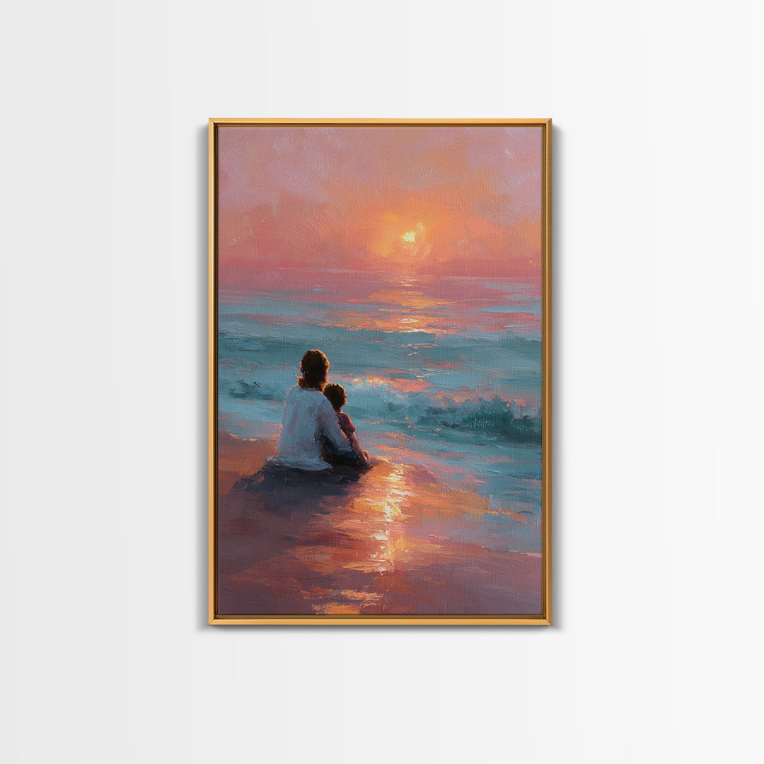 Mother And Child At Pink Ocean Sunset Wall Art, Coastal Beach Canvas Print, Nursery Decor, Mothers Day Gift, Living Room Decor