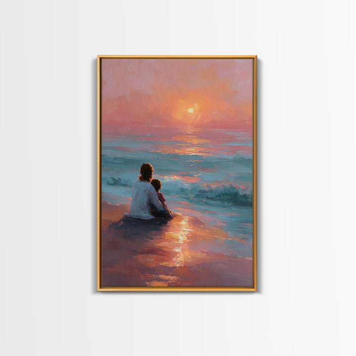 Mother And Child At Pink Ocean Sunset Wall Art, Coastal Beach Canvas Print, Nursery Decor, Mothers Day Gift, Living Room Decor