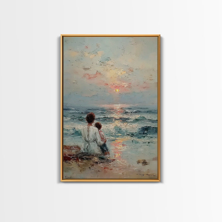 Mother And Child Watching Soft Ocean Sunrise Framed Canvas Print, Coastal Wall Art, Beach House Decor, Mothers Day Gift, Home Decor