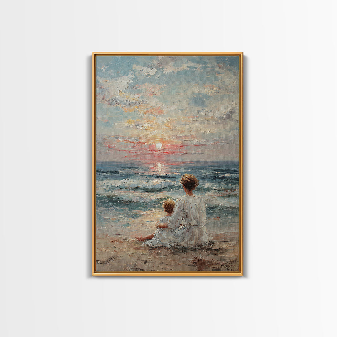 Mother And Child At Pale Seaside Sunrise Framed Canvas Print, Ocean Wall Art, Coastal Nursery Decor, Housewarming Gift, Home Decor