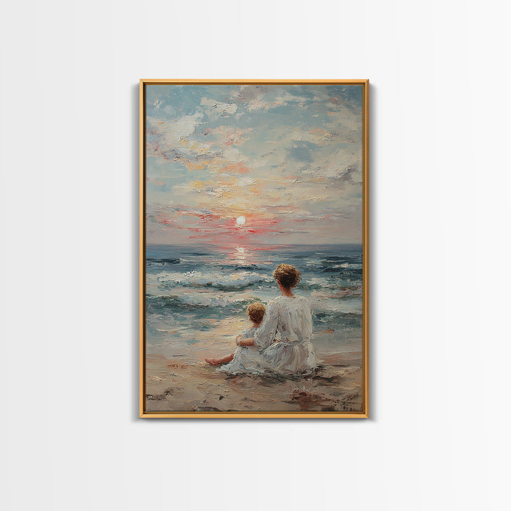 Mother And Child At Pale Seaside Sunrise Framed Canvas Print, Ocean Wall Art, Coastal Nursery Decor, Housewarming Gift, Home Decor
