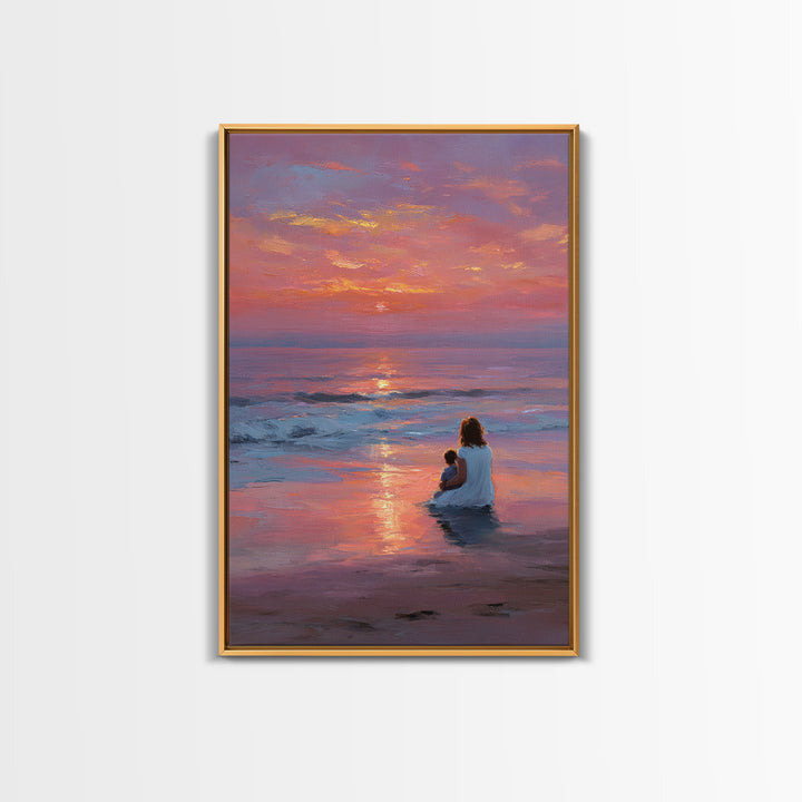 Mother And Baby In Pink Purple Ocean Sunset Canvas Print, Beach Wall Art, Coastal Bedroom Decor, Mothers Day Gift, Nursery Art