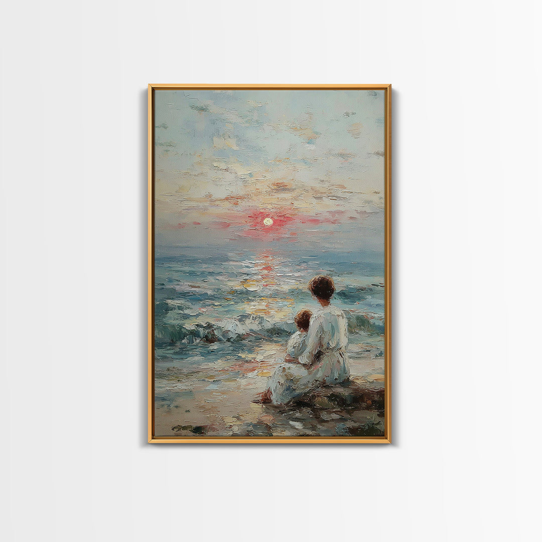 Mother And Child Watching Textured Sea Sunrise Framed Canvas Print, Coastal Wall Art, Beach House Decor, Living Room Art