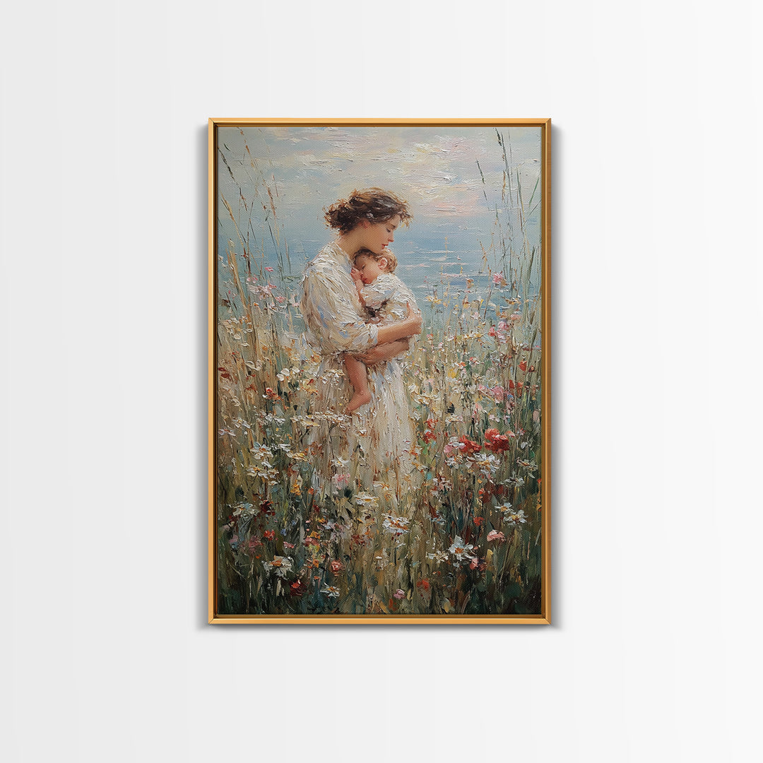 Tender Mother Holding Baby In Wildflower Meadow Wall Art, Impressionist Canvas Print For Nursery And Feminine Bedroom Decor
