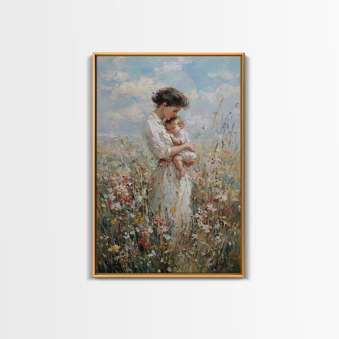 Mother And Baby In Blooming Meadow Framed Canvas Print, Soft Impressionist Wall Art For Nursery And Motherhood Home Decor