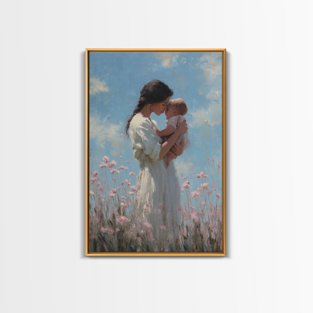 Mother And Baby Among Pink Wildflowers Wall Art, Soft Impressionist Canvas Print For Nursery Decor, Baby Shower Gift, Gift For Mom