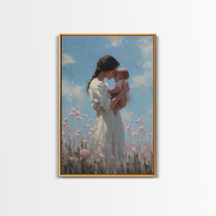 Mother And Baby Among Pink Wildflowers Wall Art, Soft Impressionist Canvas Print For Nursery Decor, Baby Shower Gift, Gift For Mom