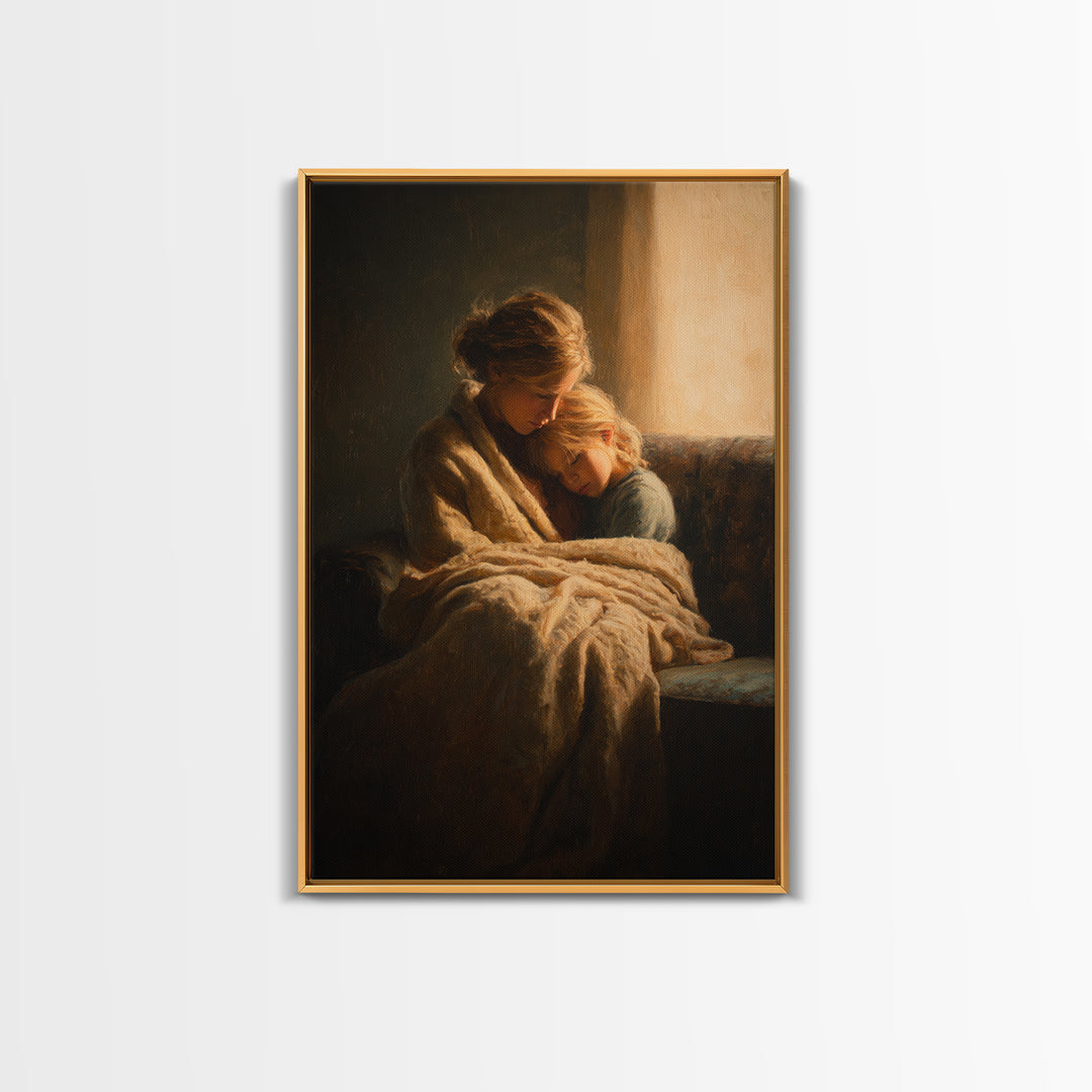 Cozy Mother And Daughter By Window Wall Art, Moody Impressionist Canvas Print For Bedroom Decor, Nursery Art, And Gift For Her