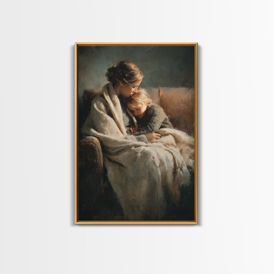 Moody Mother And Child Wrapped In Blanket Wall Art, Warm Impressionist Canvas Print For Bedroom Decor, Nursery, And Gift For Mom