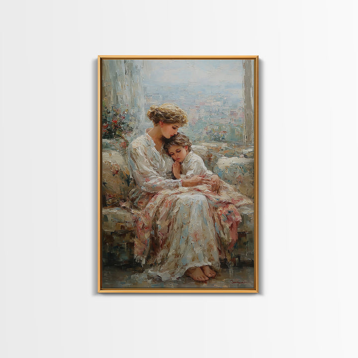 Mother And Child By Bright Window Wall Art, Textured Impressionist Canvas Print For Living Room Decor, Nursery, And Gift For Mom