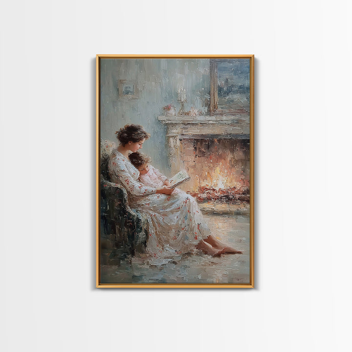 Mother And Child Reading Beside Elegant Fireplace Canvas Print, Impressionist Wall Art, Cozy Bedroom Decor, Gift For Mom