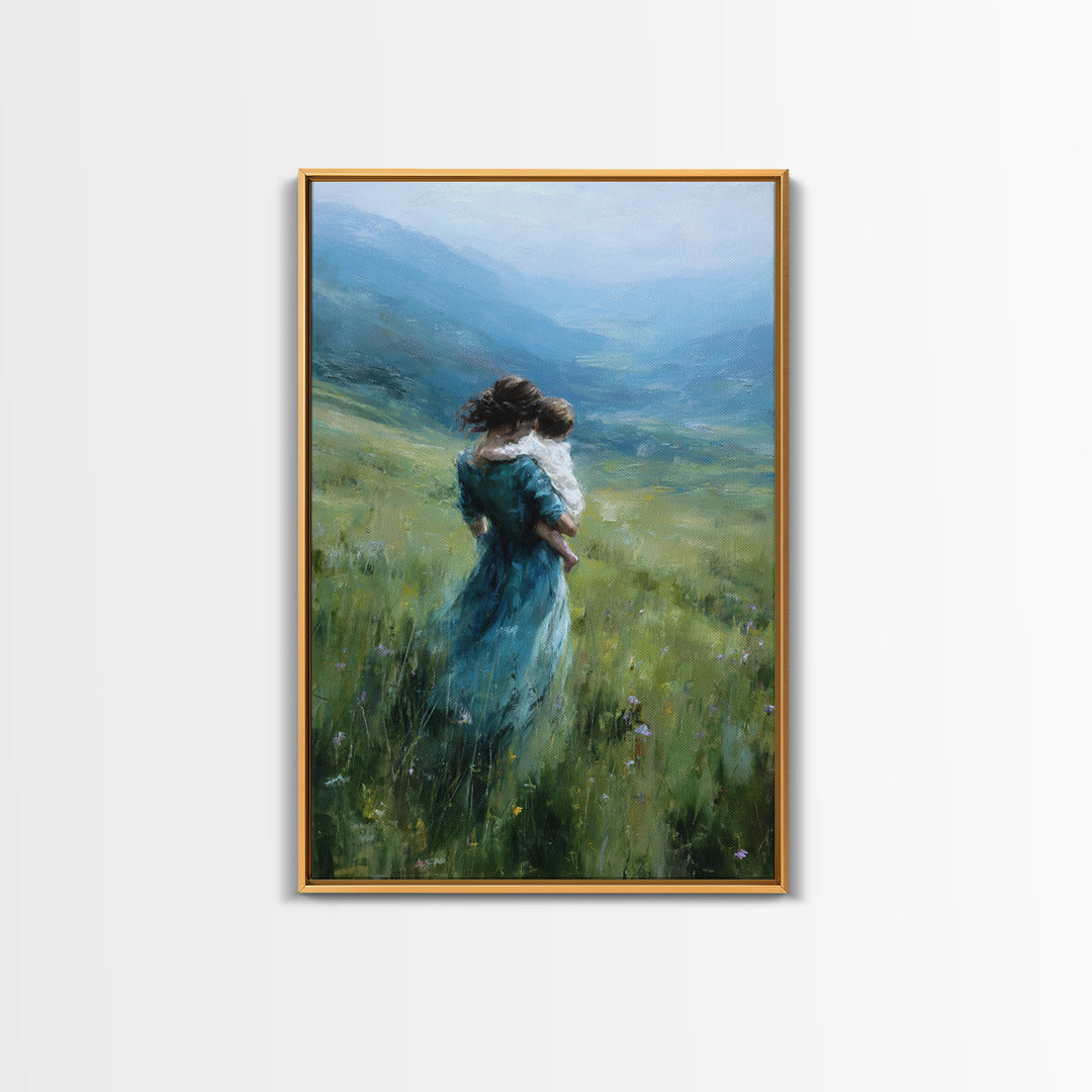 Mother And Child Embracing In Blue Mountain Meadow Canvas Print, Calming Landscape Wall Art, Nature Decor, Gift For Mom Print