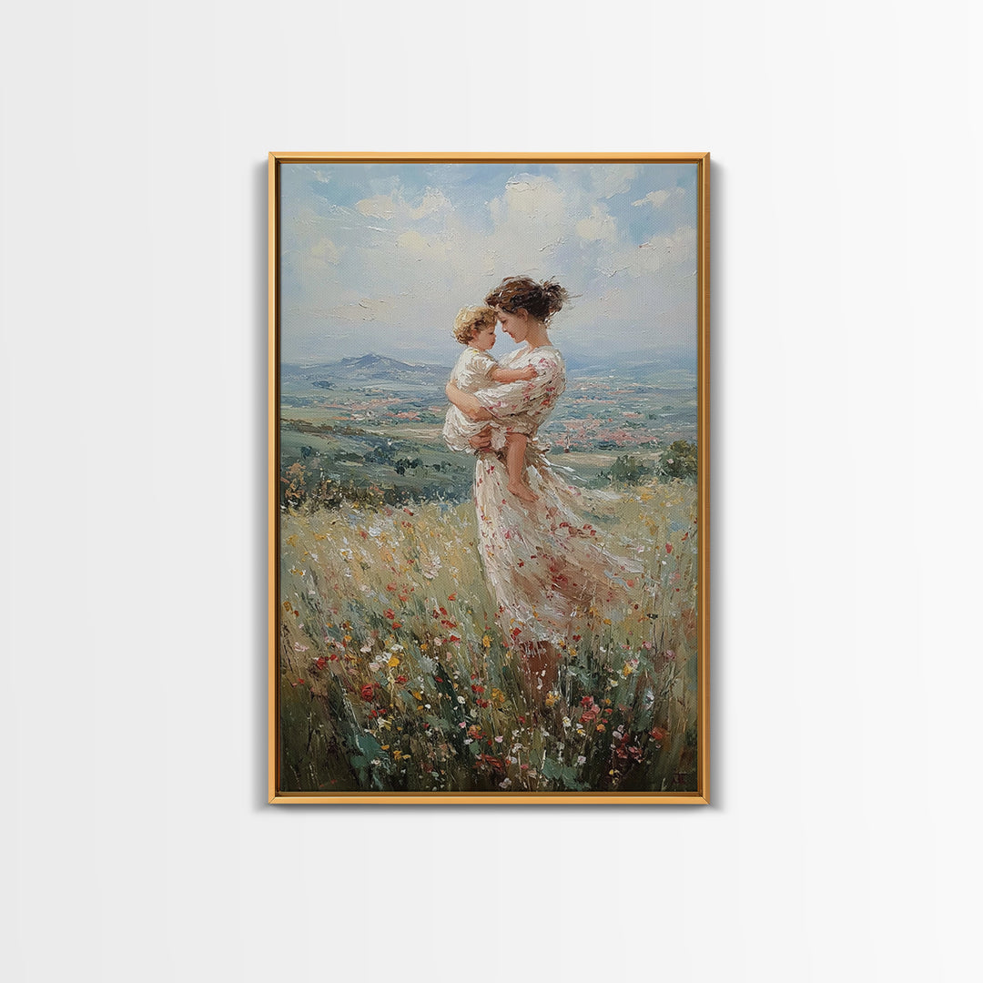 Mother And Toddler In Flower Meadow Wall Art, Impressionist Landscape Painting, Feminine Nursery Decor, Gift For Mom Art Print