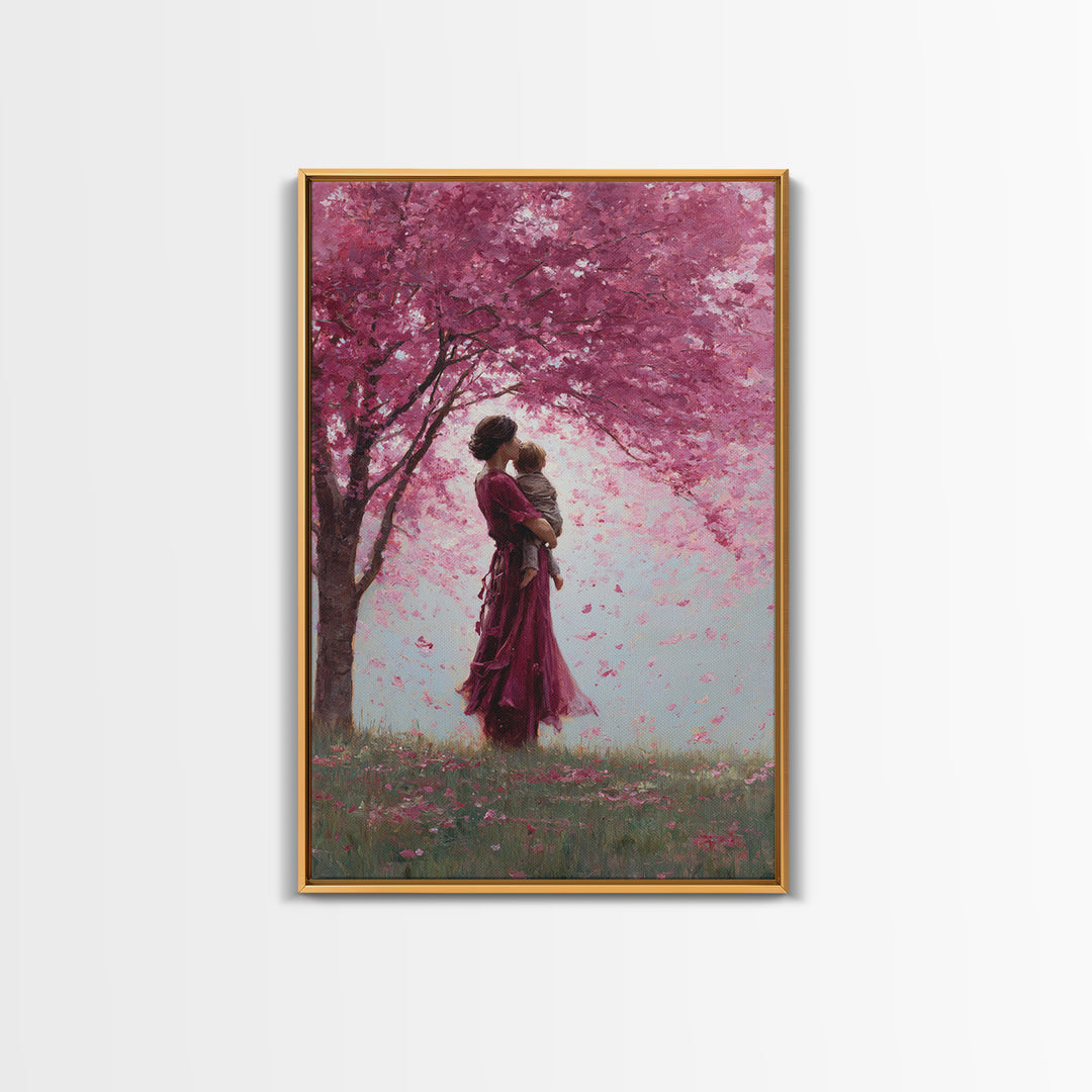 Mother And Toddler Under Pink Cherry Blossoms Wall Art, Romantic Floral Canvas Print, Feminine Decor, Mothers Day Gift, Nursery Decor
