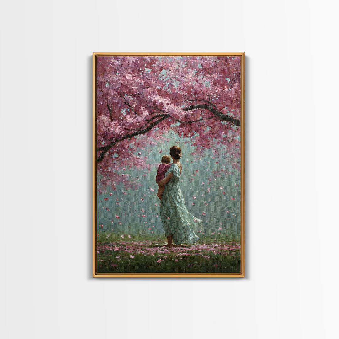Mother And Child Beneath Cherry Blossom Canopy Canvas Print, Pink Floral Wall Art, Romantic Nursery Decor, Gift For Her, Home Decor