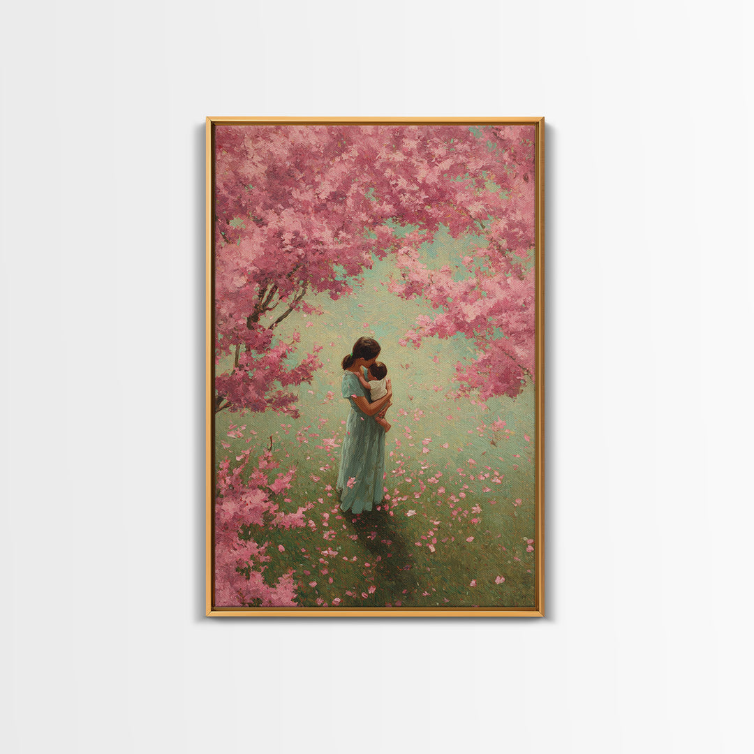 Mother Embracing Baby In Pink Blossom Garden Framed Canvas Print, Floral Wall Art, Feminine Nursery Decor, Mothers Day Gift