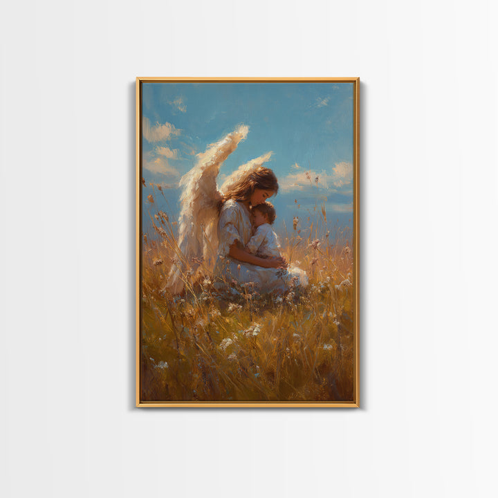 Guardian Angel Mother Holding Baby In Golden Wheat Field Canvas Print, Christian Wall Art, Nursery Decor, Mothers Day Gift