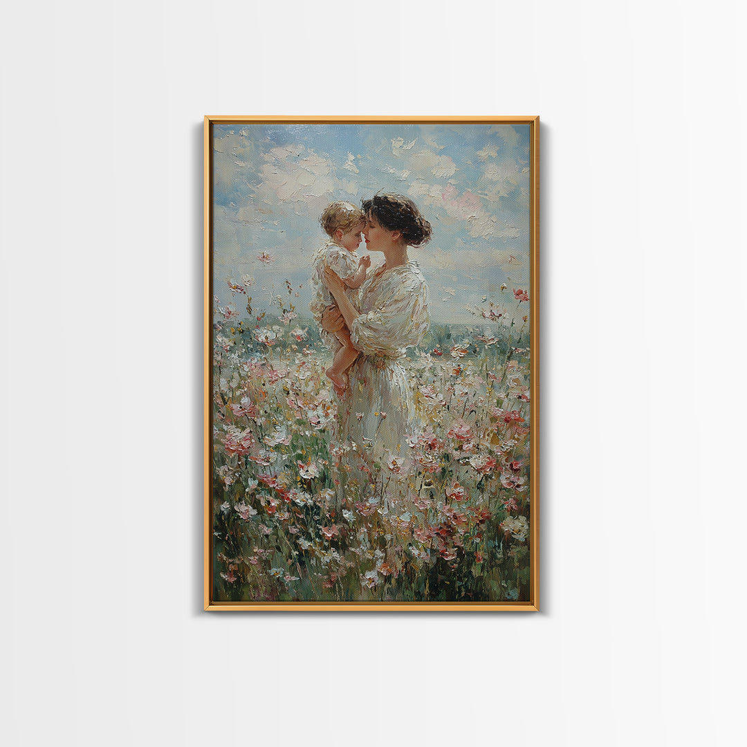 Mother And Baby Among White Wildflowers Framed Canvas Print, Impressionist Floral Wall Art, Nursery Decor, Gift For Her, Mothers Day Gift