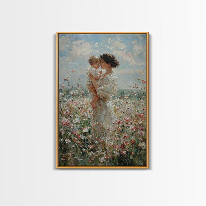 Mother And Baby Among White Wildflowers Framed Canvas Print, Impressionist Floral Wall Art, Nursery Decor, Gift For Her, Mothers Day Gift