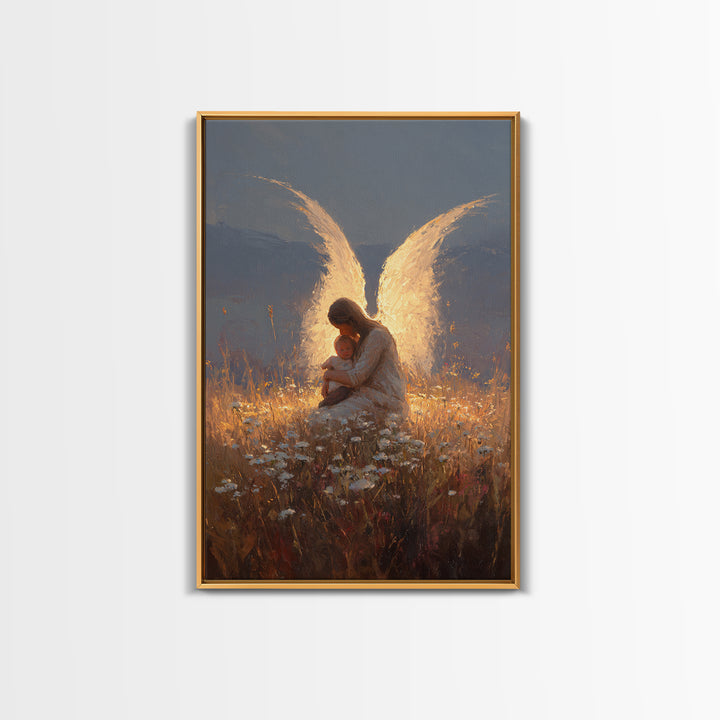 Glowing Guardian Angel With Baby In Twilight Meadow Canvas Print, Christian Wall Art, Spiritual Decor, Nursery Decor, Gift For Her