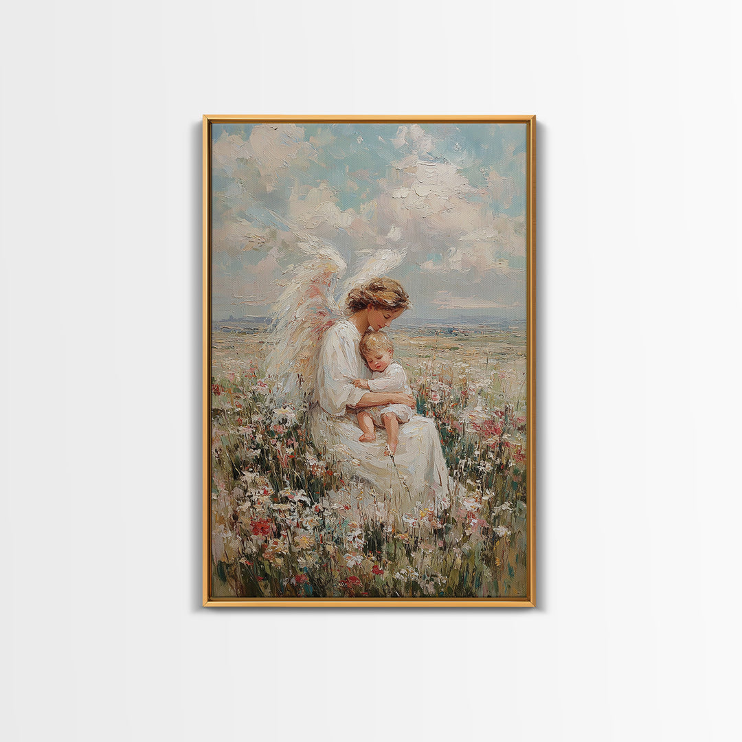Angel Mother Holding Sleeping Child In Wildflower Meadow Framed Canvas Print, Christian Wall Art, Nursery Decor, Gift For Her
