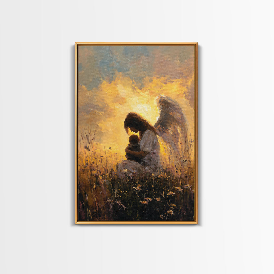 Golden Guardian Angel With Child Wall Art, Christian Nursery Decor, Spiritual Canvas, Angel Painting, Gift For Mom, Living Room Decor