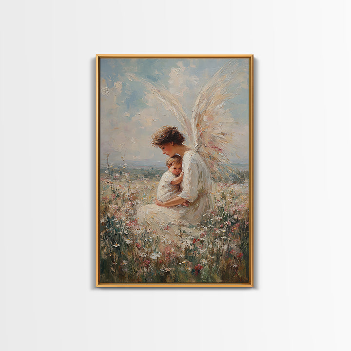 Serene Angel Holding Child Canvas Print, Christian Wall Art, Nursery Wall Decor, Spiritual Gift, Fine Art Print, Home Decor