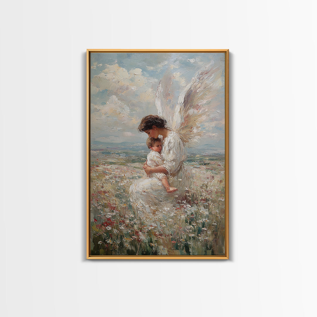 White Winged Angel And Child Framed Canvas Print, Christian Nursery Art, Guardian Angel Wall Decor, Religious Gift For Baby