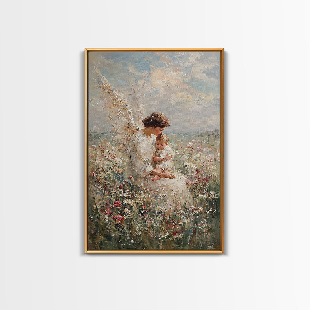 Motherly Angel With Baby In Wildflowers Wall Art, Christian Nursery Decor, Guardian Angel Print, Baptism Gift For Mom And Baby