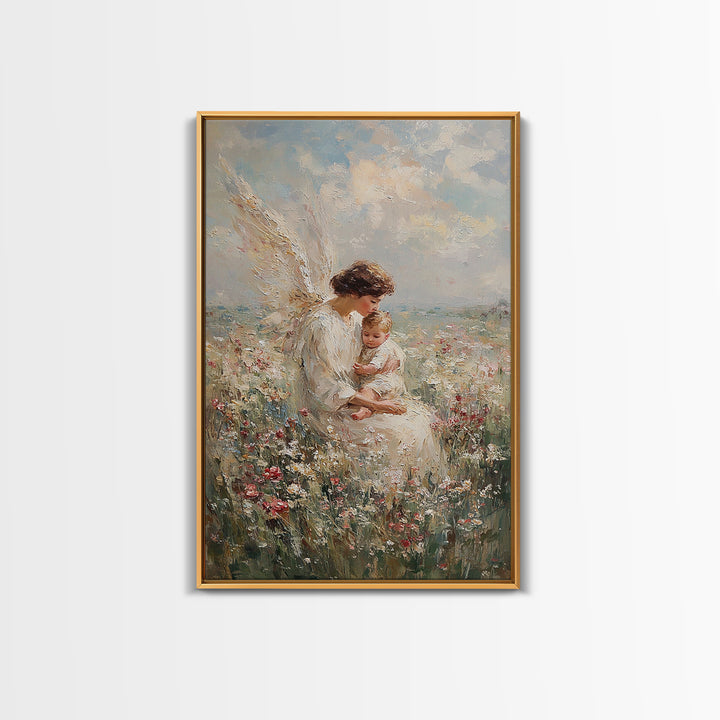 Motherly Angel With Baby In Wildflowers Wall Art, Christian Nursery Decor, Guardian Angel Print, Baptism Gift For Mom And Baby