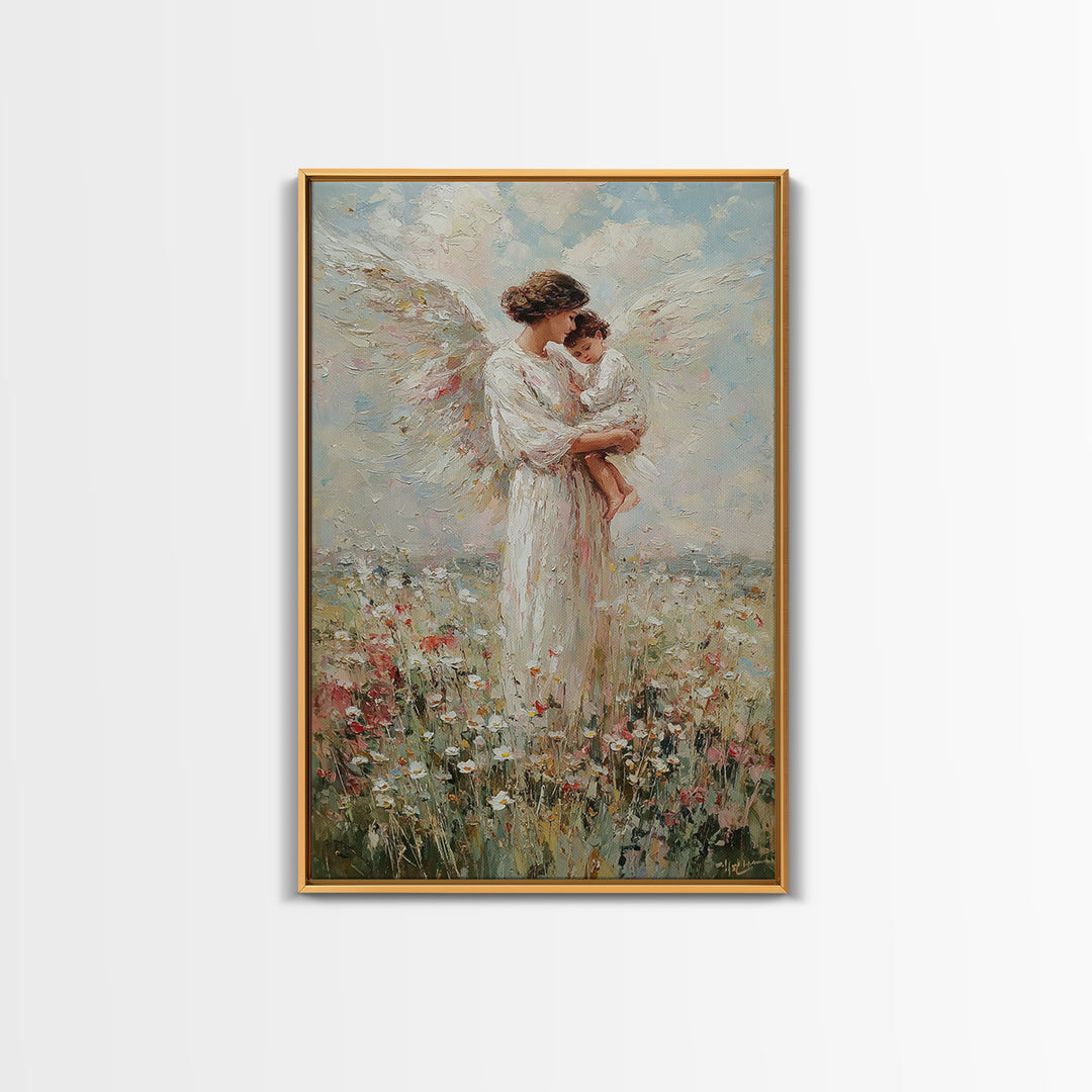 Standing Guardian Angel Holding Baby Canvas Print, Christian Wall Art, Nursery Decor, Spiritual Gift, Floral Meadow Art Print