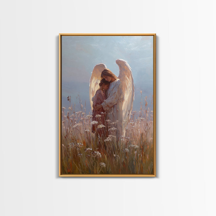 Sunlit Angel Embracing Child Wall Art, Christian Nursery Decor, Guardian Angel Canvas, Spiritual Home Decor, Gift For Her