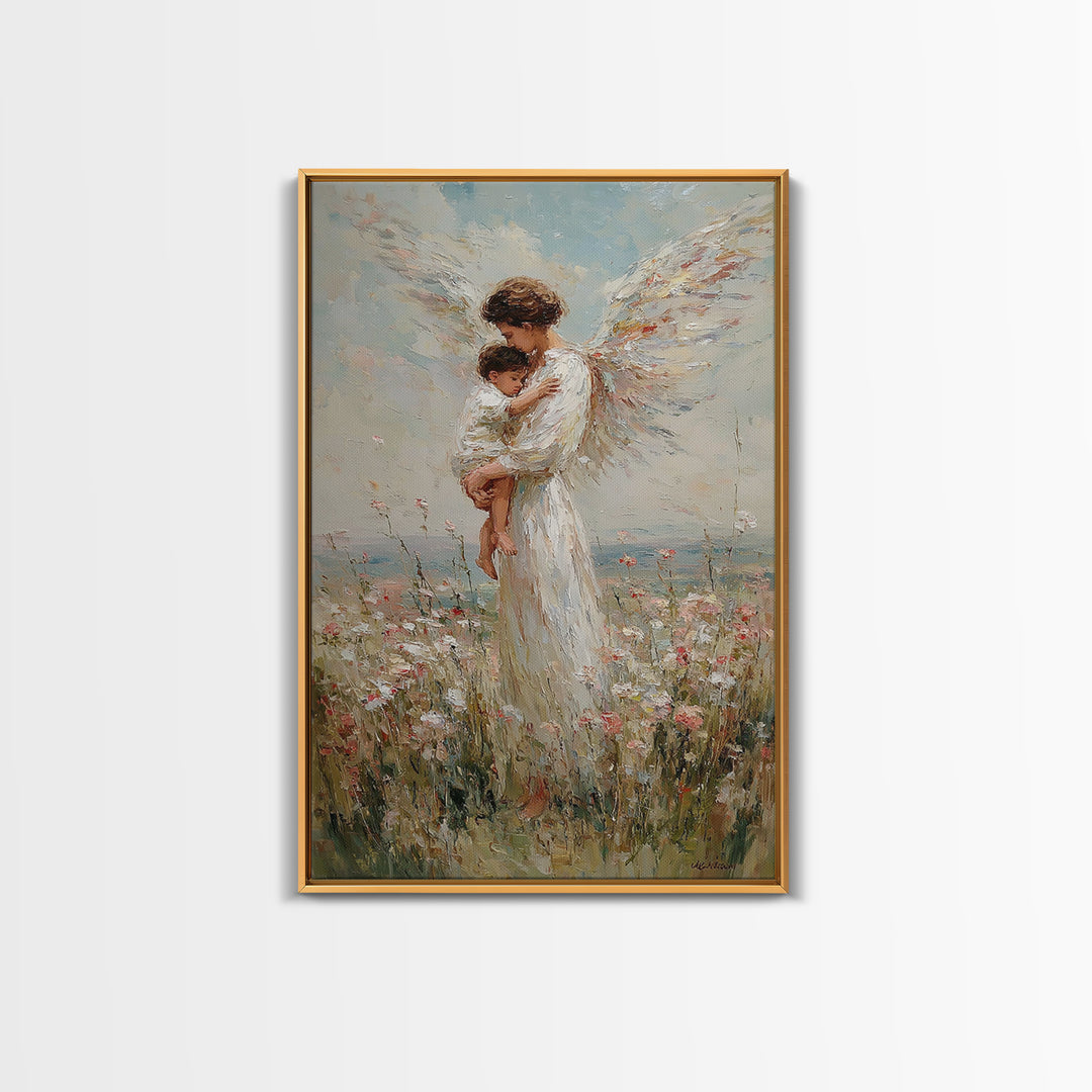 Tender Angel Carrying Child Framed Canvas Print, Christian Wall Art, Nursery Room Decor, Guardian Angel Gift For Baby Girl