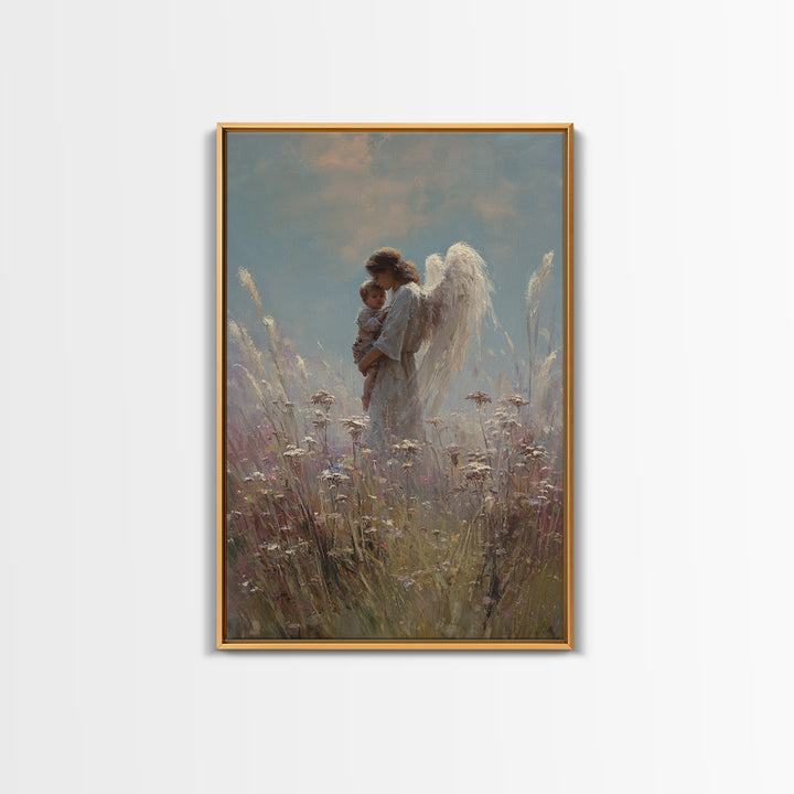 Soft Meadow Angel Holding Baby Canvas Print, Christian Wall Art, Nursery Decor, Guardian Angel Gift, Calming Wall Decor Print