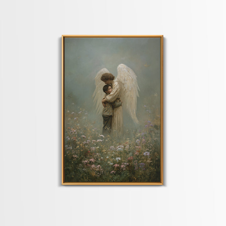 Misty Guardian Angel Hugging Child Framed Canvas Print, Christian Wall Art, Spiritual Nursery Decor, Butterfly Meadow Art