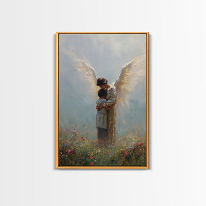 Guardian Angel Embracing Child In Wildflower Meadow Wall Art, Christian Nursery Decor, Spiritual Canvas Print Gift For Her
