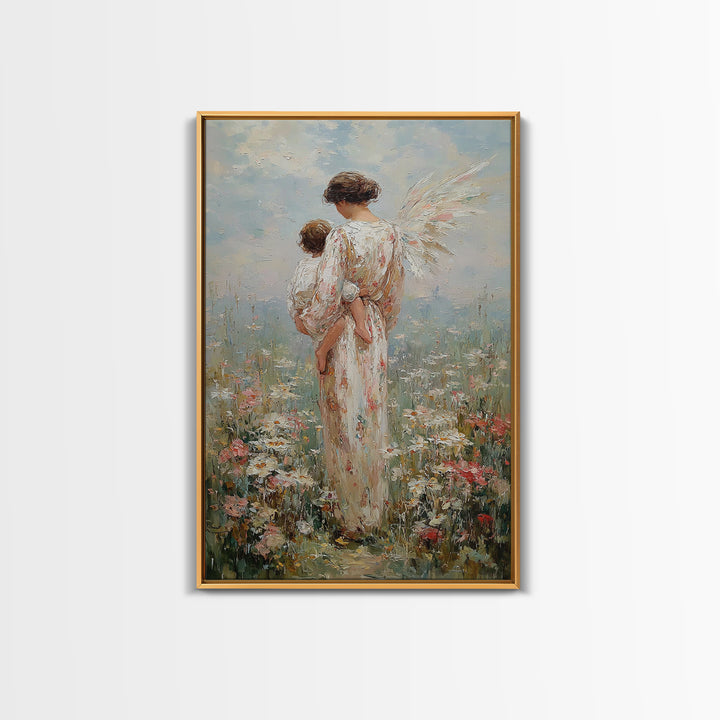 Angel Mother Holding Child In Blooming Meadow Framed Canvas Print, Christian Wall Art, Nursery Decor, Housewarming Gift
