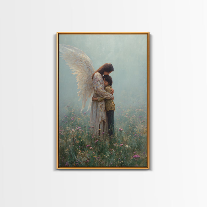 Guardian Angel Hugging Child In Misty Meadow Wall Art, Spiritual Christian Decor, Nursery Canvas Print, Housewarming Gift