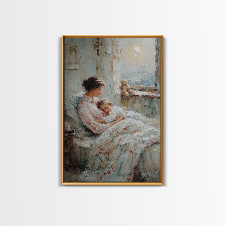 Mother Cradling Sleeping Child By Moonlit Window Framed Canvas Print, Bedroom Wall Art, Nursery Decor, Gift For Mom, Cozy Wall Art