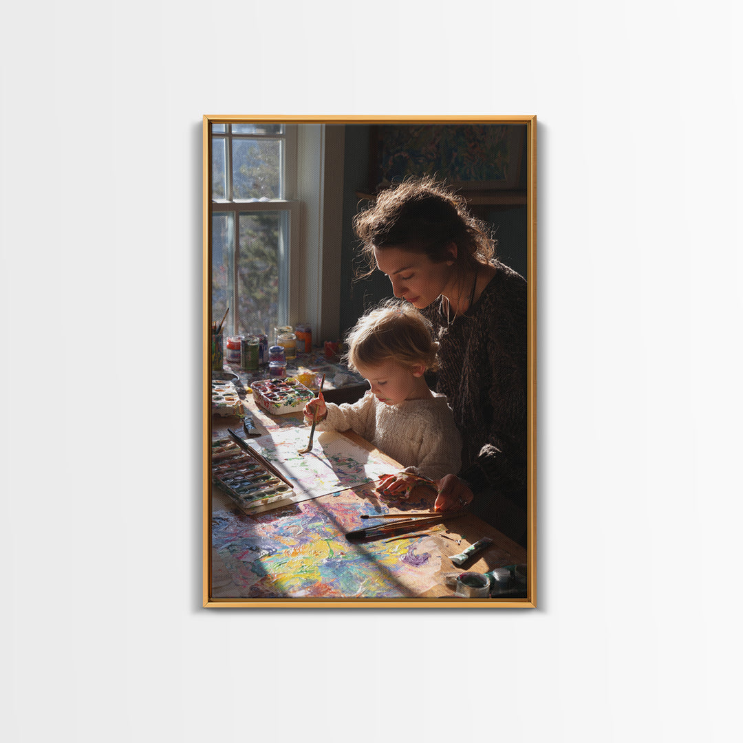 Mother And Toddler Painting Together, Sunlit Studio Wall Art, Modern Home Decor, Art Print, Gift For Mom, Kids Room Decor