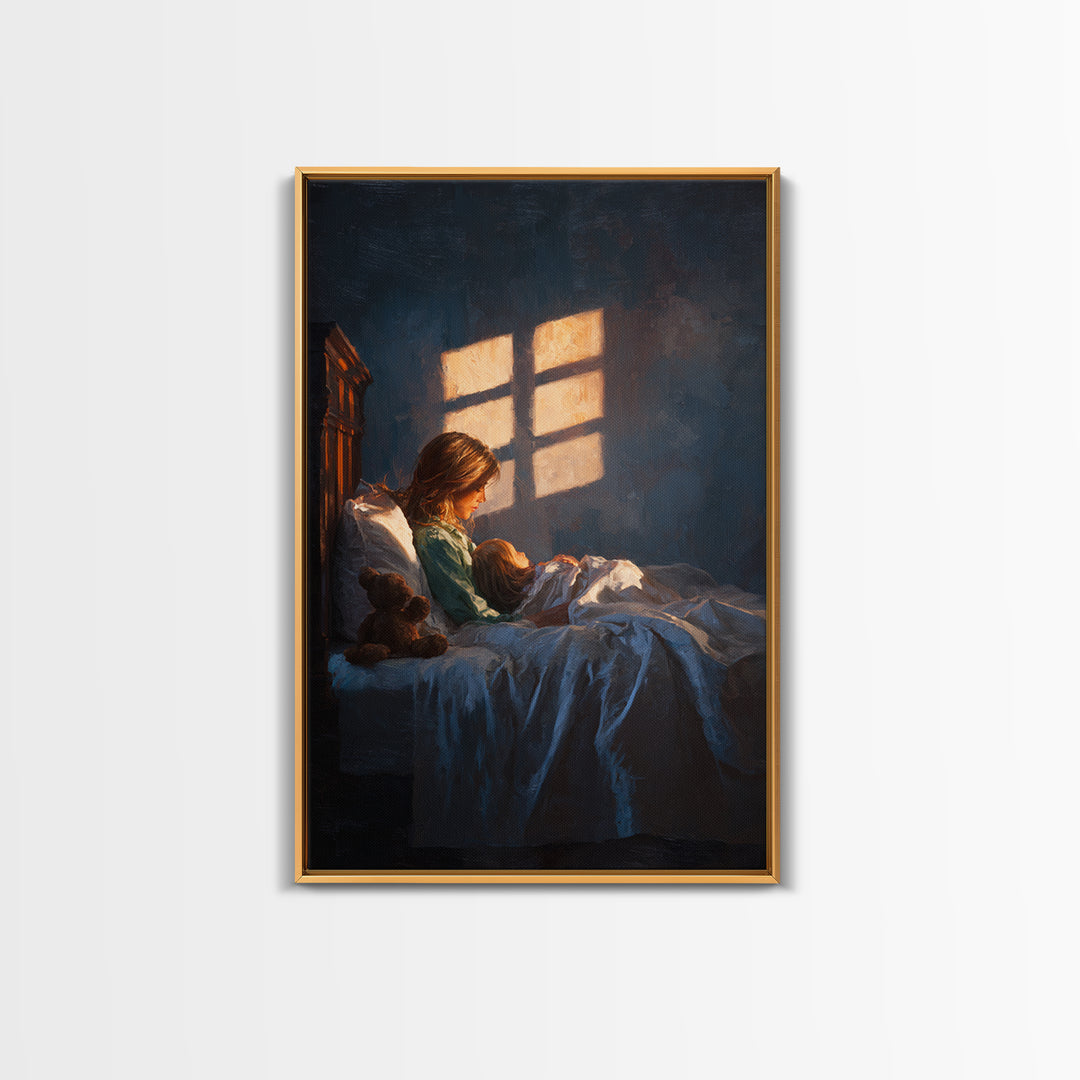 Mother Reading To Child In Bed, Warm Window Light Wall Art, Moody Bedroom Decor, Nursery Art Print, Gift For Mom, Cozy Home Decor