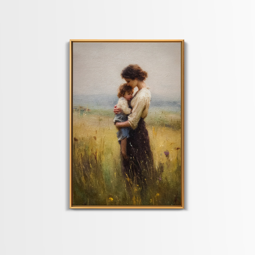 Tender Mother Holding Child In Golden Meadow Canvas Print, Soft Impressionist Oil Painting, Neutral Nursery Wall Art Gift