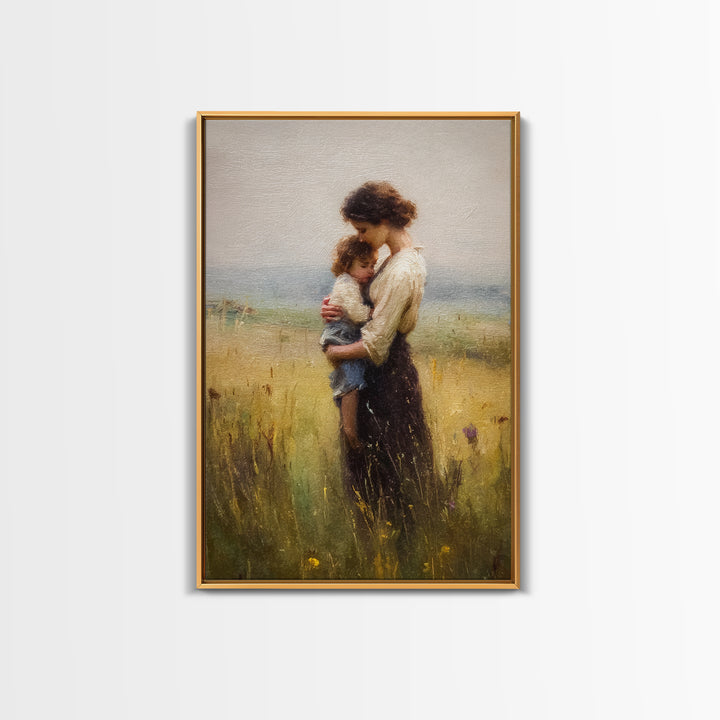 Tender Mother Holding Child In Golden Meadow Canvas Print, Soft Impressionist Oil Painting, Neutral Nursery Wall Art Gift