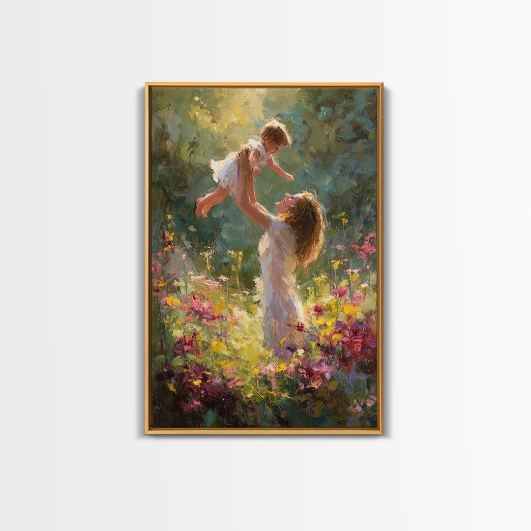 Sunlit Mother And Baby In Flower Garden Canvas Print, Impressionist Oil Painting, Colorful Nursery Wall Art Gift For Mom