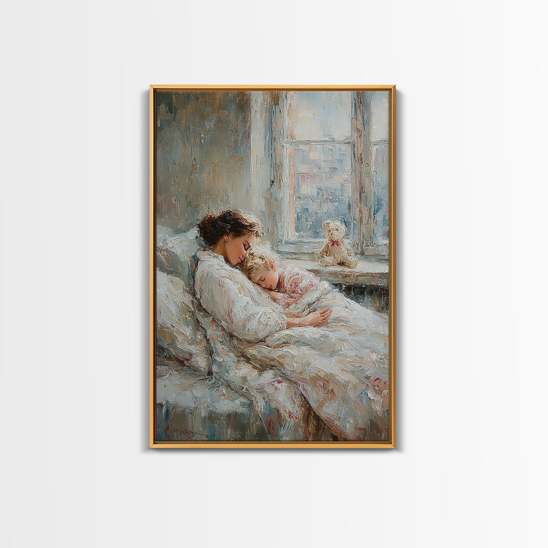 Tender Mother And Child Sleeping By Window Wall Art, Soft Nursery Decor, Mothers Day Gift, Bedroom Art Print, New Mom Gift